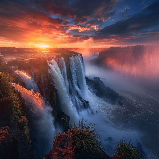 Iguazu Falls with dramatic mist and sunset