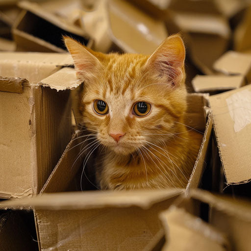 Cute orange cat inside boxes, quirky expressions style