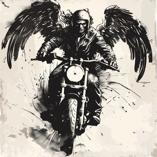 Archangel Michael on monstrous motorcycle, eerie tattoo