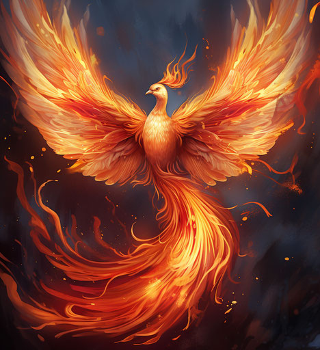 White phoenix bird illustrated with energy-filled orange and gold colors