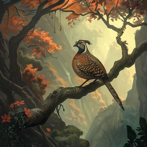 Quail perched on a branch in a forest, Aaron Blaise style