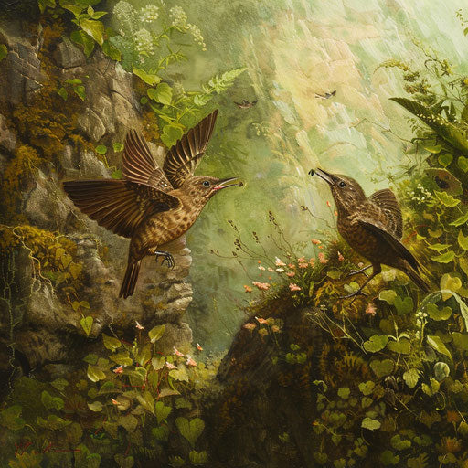 Playful dance of two wall creeper birds on lush green hill