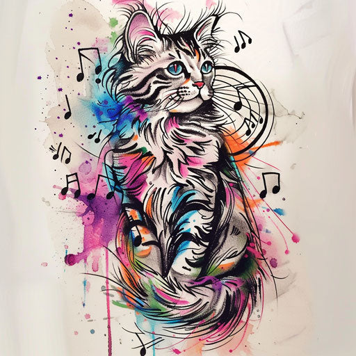 Dynamic sketch of a tattooed cat surrounded by musical notes
