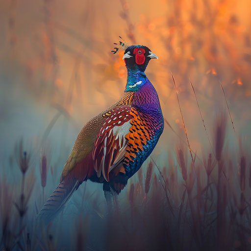 Pheasant with colorful feathers in a misty field