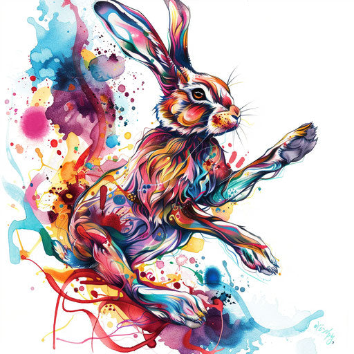 Vibrant tattoo design of leaping March Hare on white