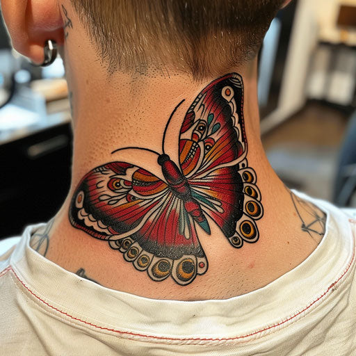 Butterfly tattoo on neck with cartoonish flair, Steve Sack style