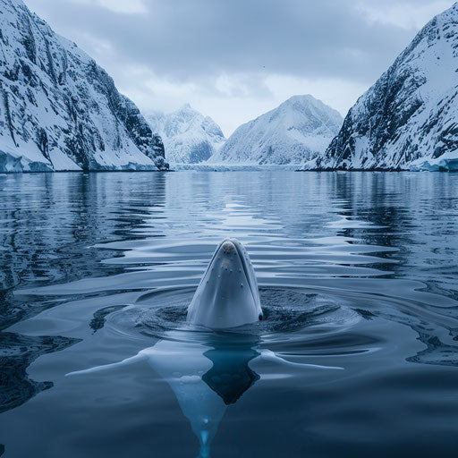 Beluga whale in a calm bay surrounded by snowy mountains