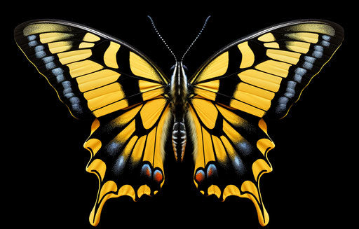 Yellow and black butterfly flying on white background, graphic colorful