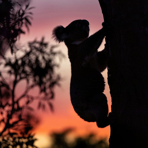 Silhouette of koala climbing, dusk or dawn light creating a striking outline