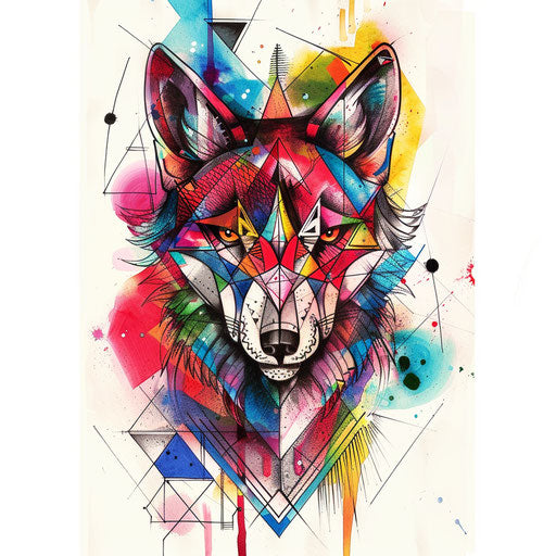 Abstract tattoo sketch of a wolf with geometric shapes in vivid hues
