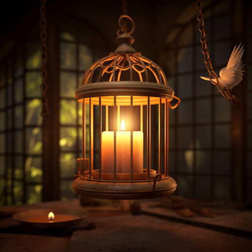 Antique bird cage, luminous atmosphere style, natural harmony