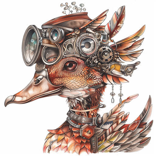 Steampunk duck with mechanical elements on white background