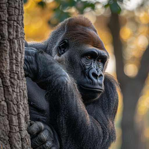 Gentle gaze of a western lowland gorilla against a tree trunk