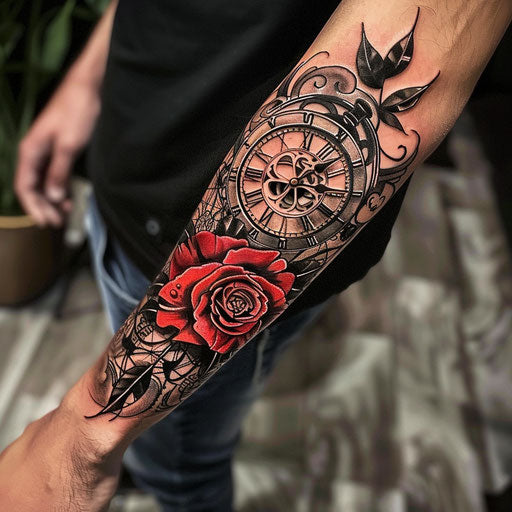 Meaningful tattoos for men with a rose and clock