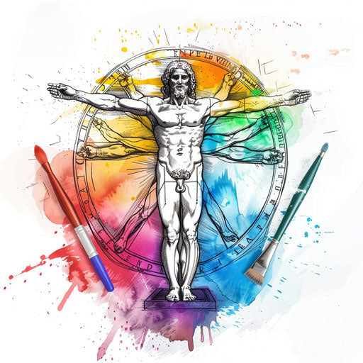 Inspired sketch of Vitruvian Man with palette and brushes