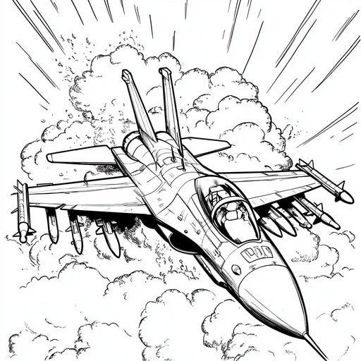 Fighter jet in a satirical political cartoon, Andy Marlette style, witty and engaging coloring book page