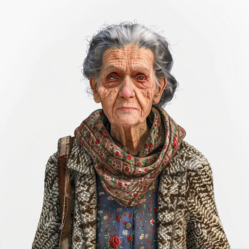 Realistic grandmother illustration on white background, detailed textures