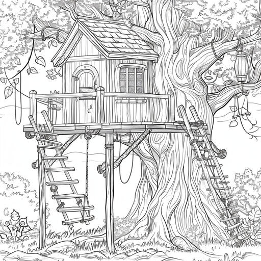 Treehouse in ancient tree with ropes and swings