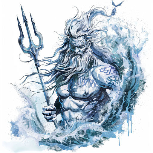 Illustration of Poseidon with his trident, a powerful Greek tattoo design, on pure white background