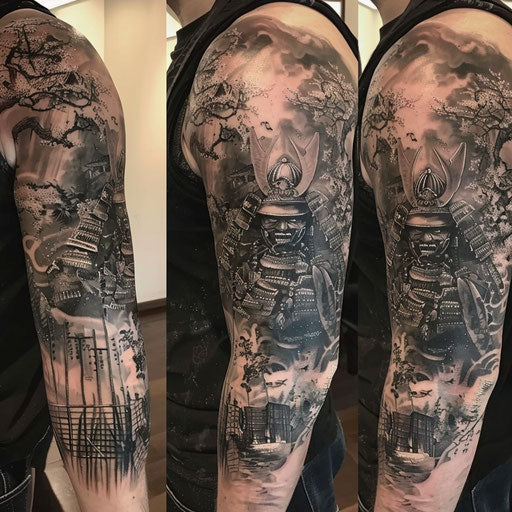 Samurai warriors sleeve tattoo in the style of Ami James
