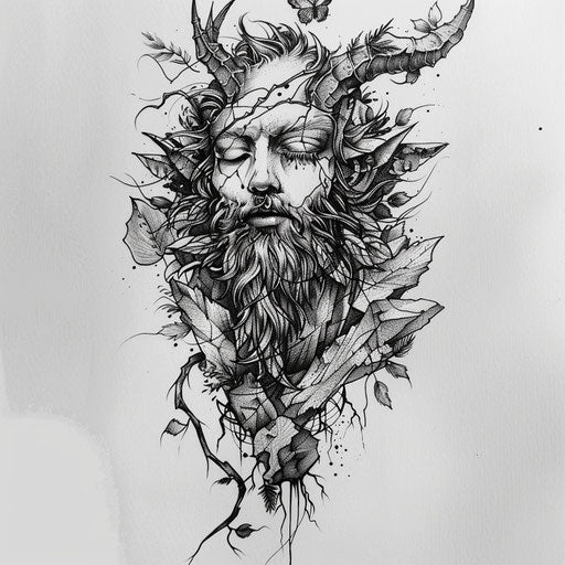 Nature-inspired flat tattoo sketch of Lucifer with elements of the earth like rocks and vines