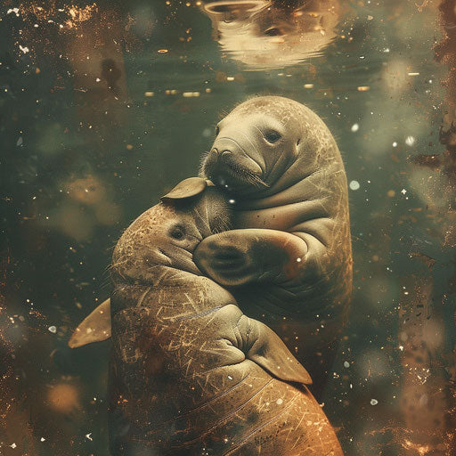 Manatee and calf in a tender embrace, warm tones, in the style of Ashraful Arefin