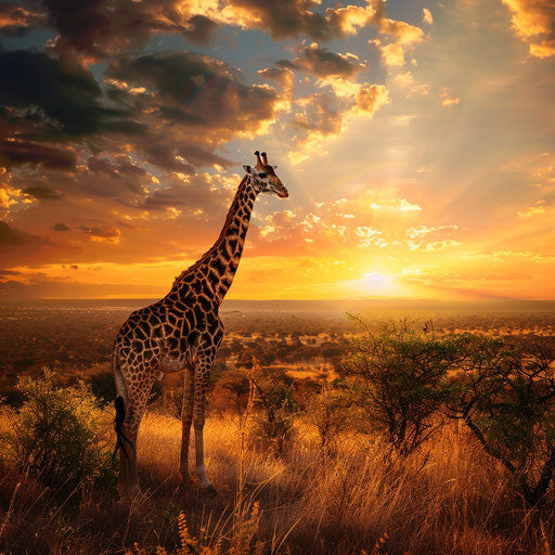 Majestic giraffe overlooking savanna at sunset