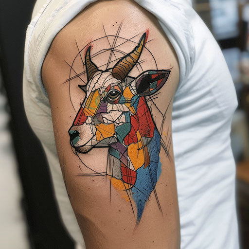 Abstract flat tattoo sketch with sheep in colorful pieces
