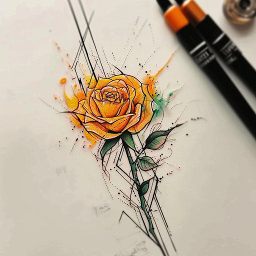 Dynamic tattoo sketch of a yellow rose with splattered ink style