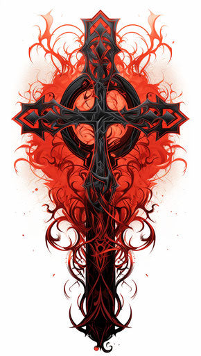 Tribal cross tattoo design in red, gothcore style, branches