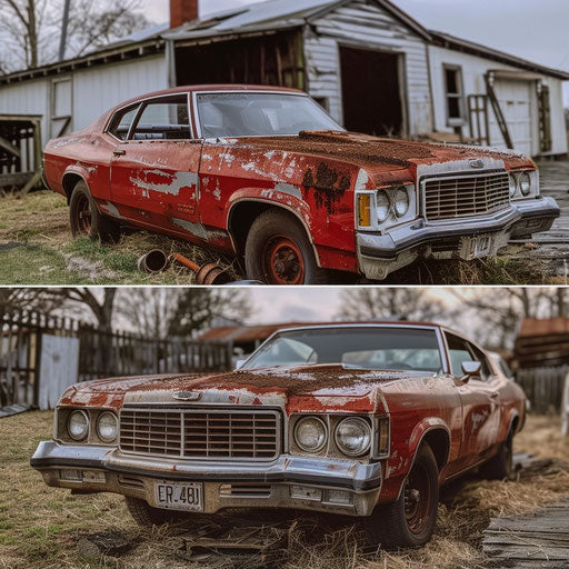 Rustic barn find of a 1976 Malibu Classic with weathered patina, ready for restoration