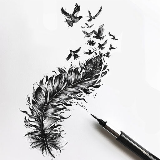 Feather transforming into birds tattoo sketch with dynamic motion in clipart style flat black ink