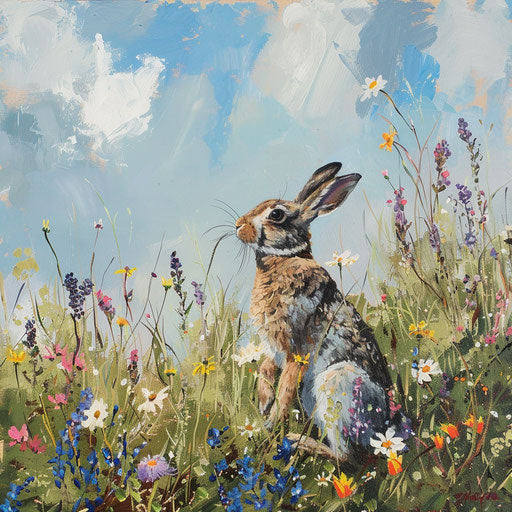 Spring meadow alive with wildflowers, a white tail rabbit sitting quietly, sniffing the air