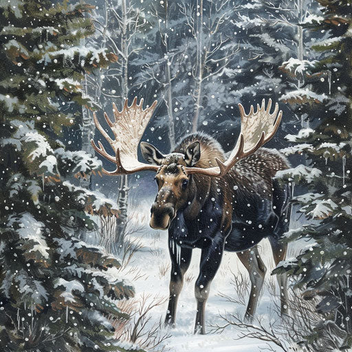 A moose in a gentle snowfall surrounded by snow-laden trees