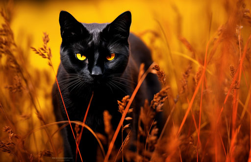 Black cat in red yellow grass, dark emerald style