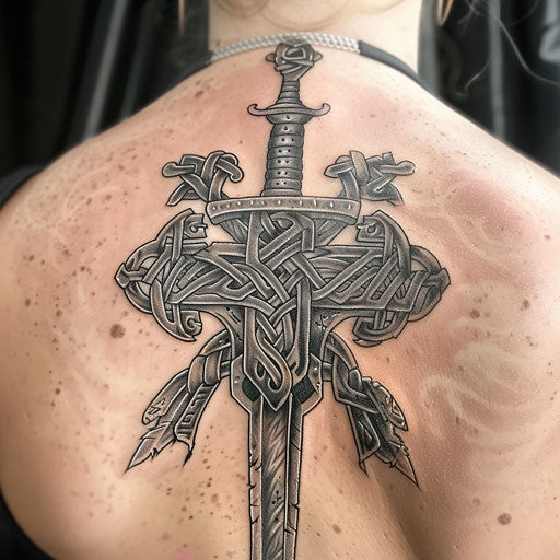 Legendary King Arthur tattoo with Excalibur and Celtic knots