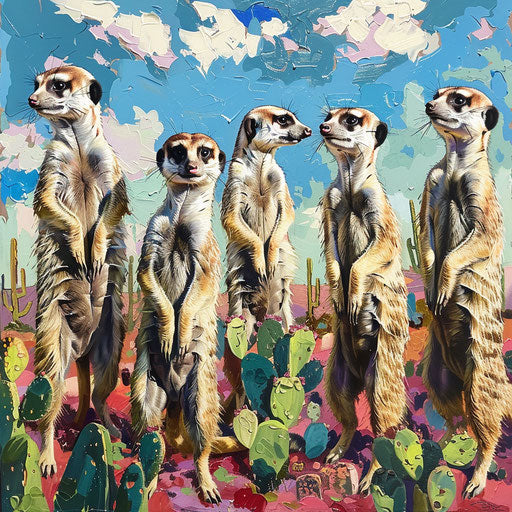 Surprising row of meerkats in a vibrant desert