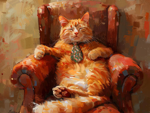 Person with a cat on a chair wearing a tie