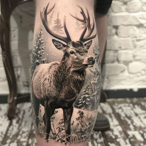 Photorealistic tattoo of a majestic stag on snowy white backdrop