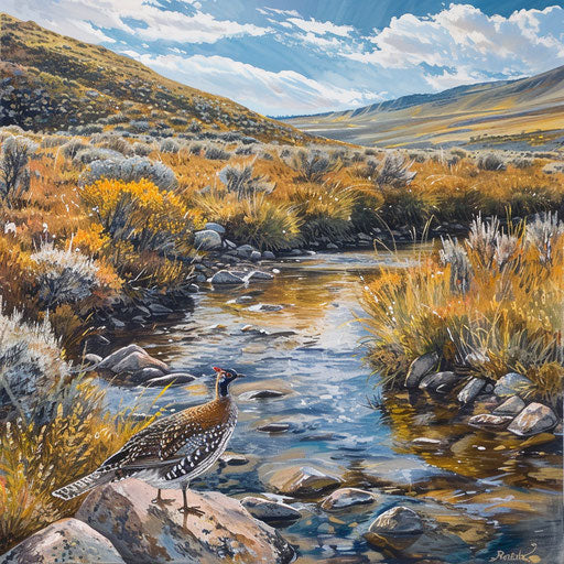 Sage grouse near a clear, flowing stream