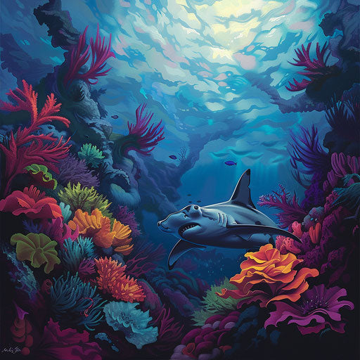 Hammerhead shark swimming in a vibrant coral reef