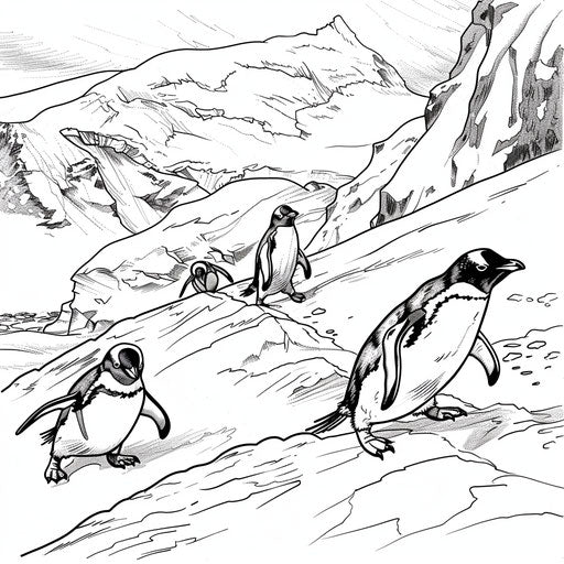 Family of penguins sliding down icy slopes