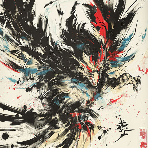 Expressionist tattoo sketch of a Tengu with vibrant colors