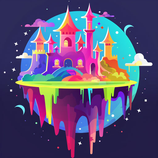 Cartoon fantasy world logo with whimsical landscapes and bright colors