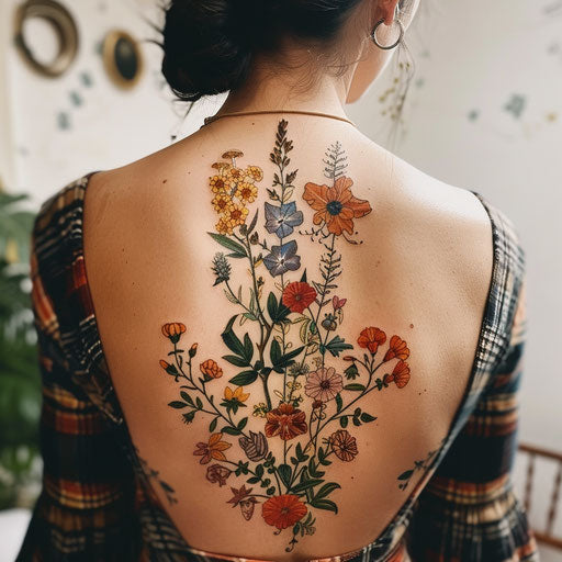 Floral spine tattoo for women - Merian style