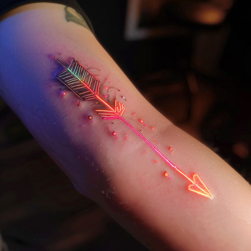 Neon arrow tattoo, glowing in darkness on white surface