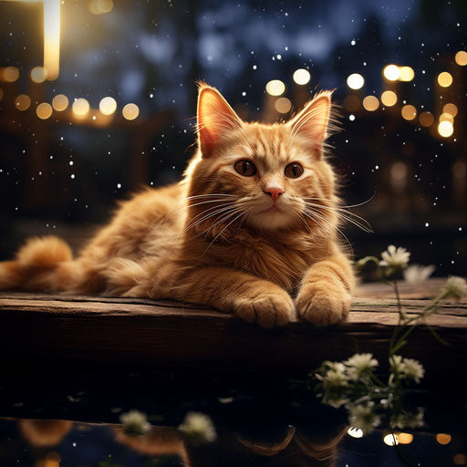 Ginger cat lying outside at night