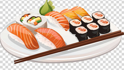 Sushi and sashimi on a plate with chopsticks