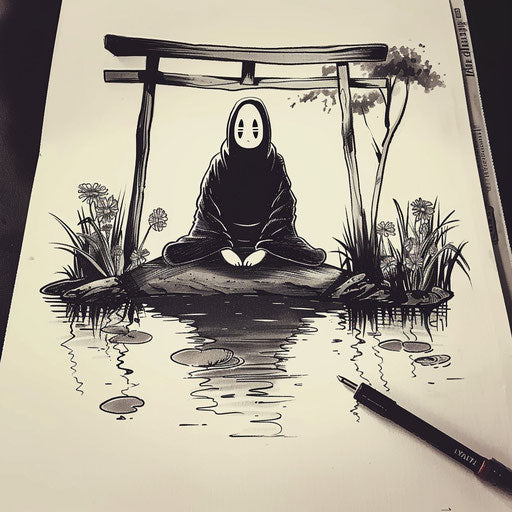 Calming tattoo design of No-Face sitting quietly by a peaceful pond