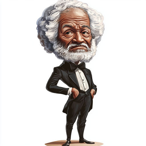 Humorous caricature of a Frederick Douglass caricature clipart with human characteristics, exaggerated expressive eyes, thin arms, monochrome, vibrant colors, cartoon style, frowning, high-resolution, no background, isolated -c 40